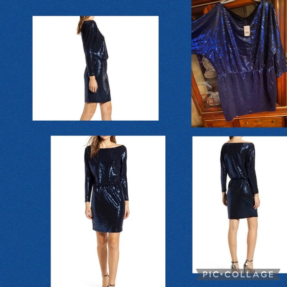 3X Gibson Cocktail sequin party dress royal blue flattering long sleeve - Picture 4 of 8